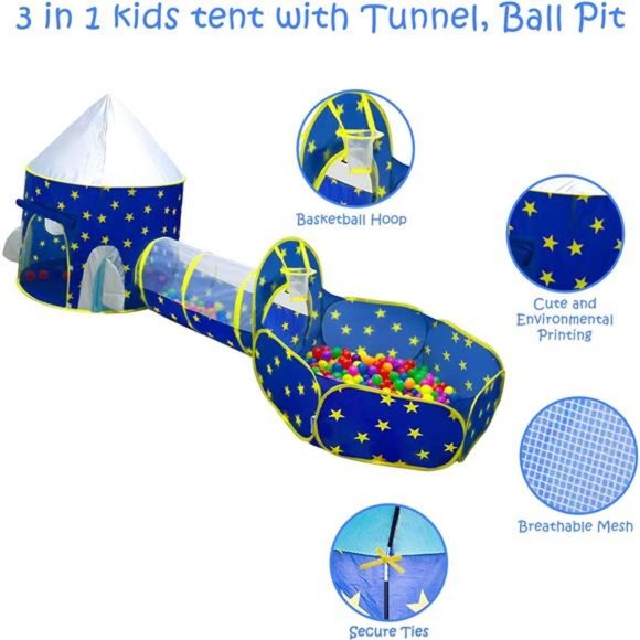 3pc Kids PlayTent for Boys with Ball Pit,Crawl Tunnel,PrincessTents for Toddlers - Picture 2 of 6